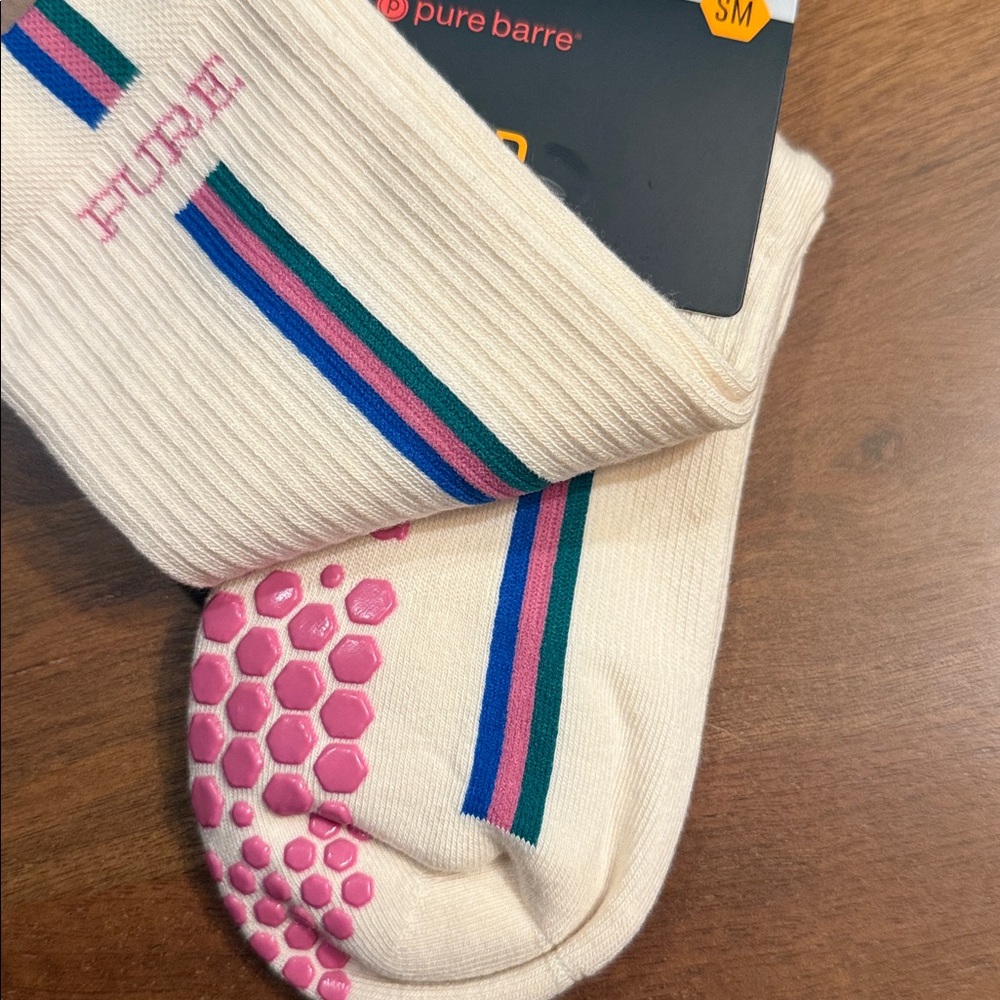 🫐🫐🎀🎀Pure Barre Cream Crew Socks with Teal & Pink Stripes. super cute - Picture 2 of 4